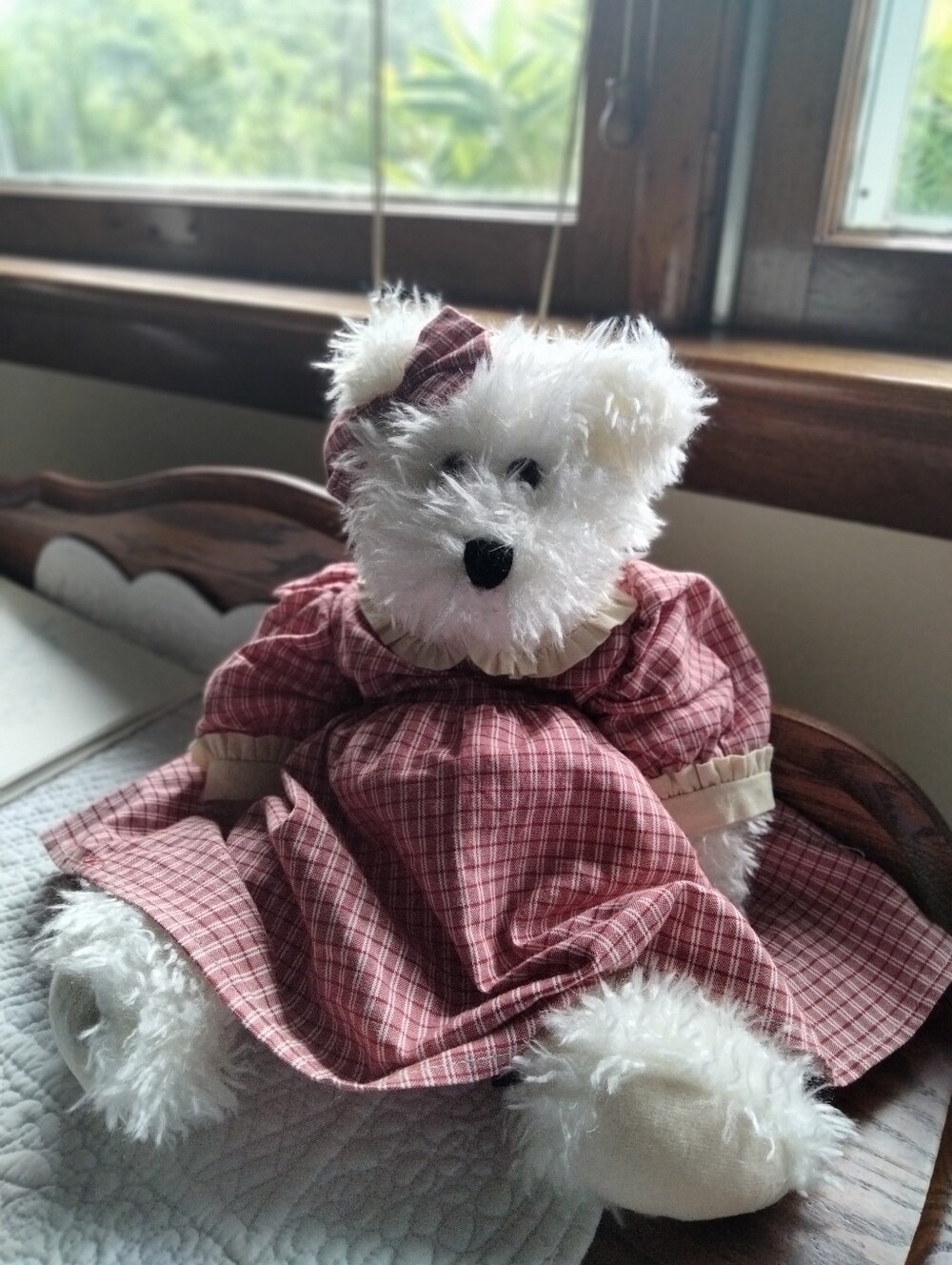 Plush White Teddy Bear in Red Plaid Dress - Pet Toy/Decor. Boyds Vintage Bear.